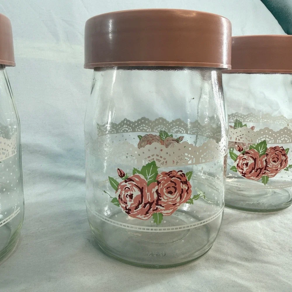Vintage Carlton Glass USA 1L Canister Set 3 Pink Roses Lace Floral Jars Lids